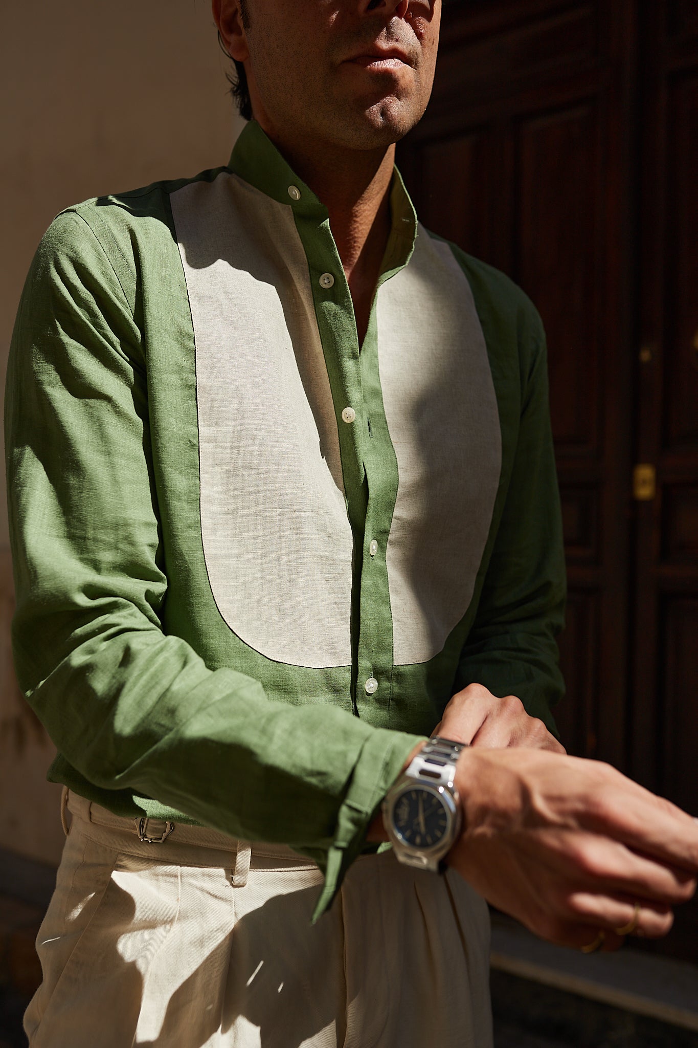 Camisa Mao lino bicolor lino verde y camel Made to Order