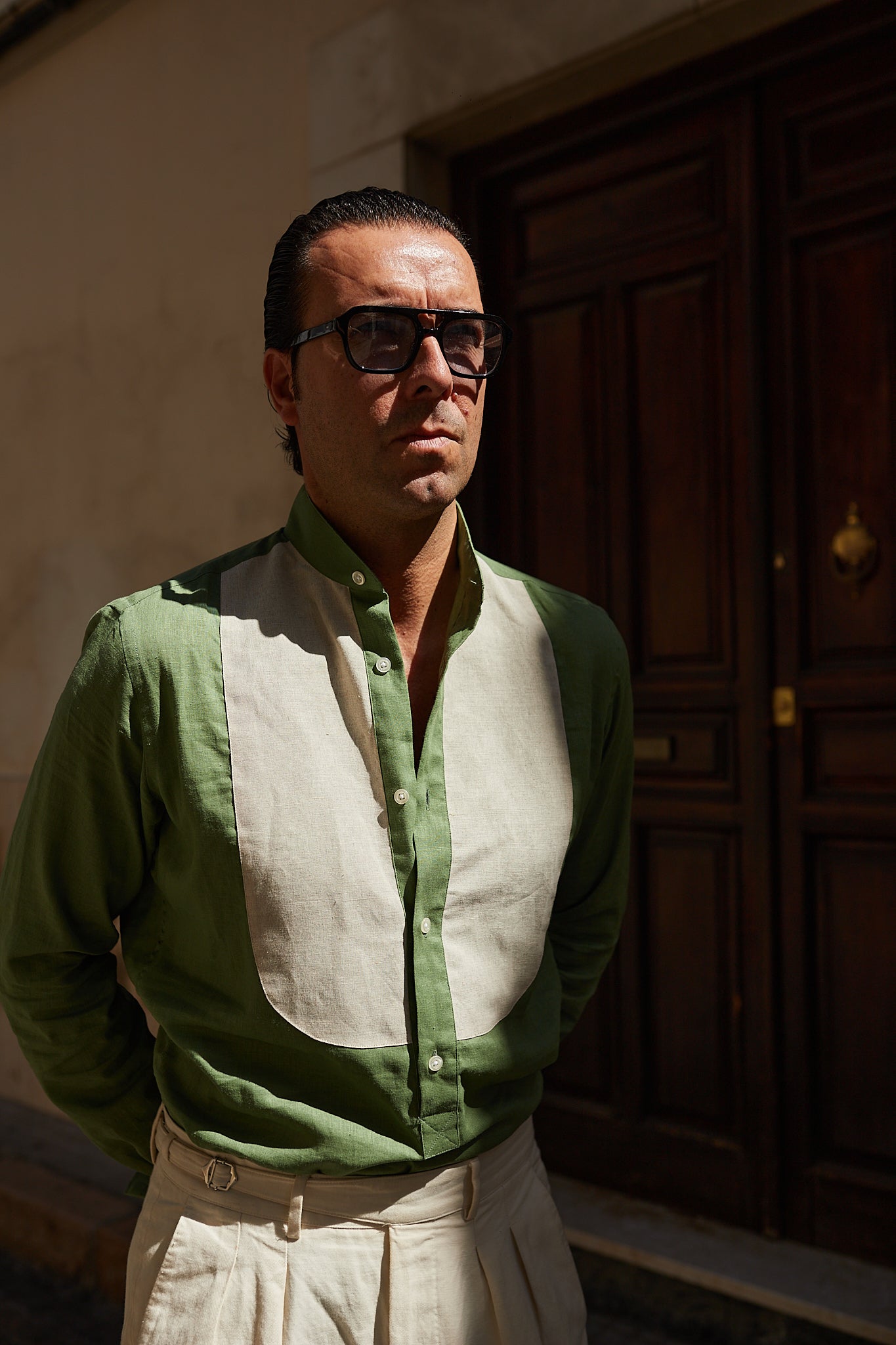 Camisa Mao lino bicolor lino verde y camel Made to Order