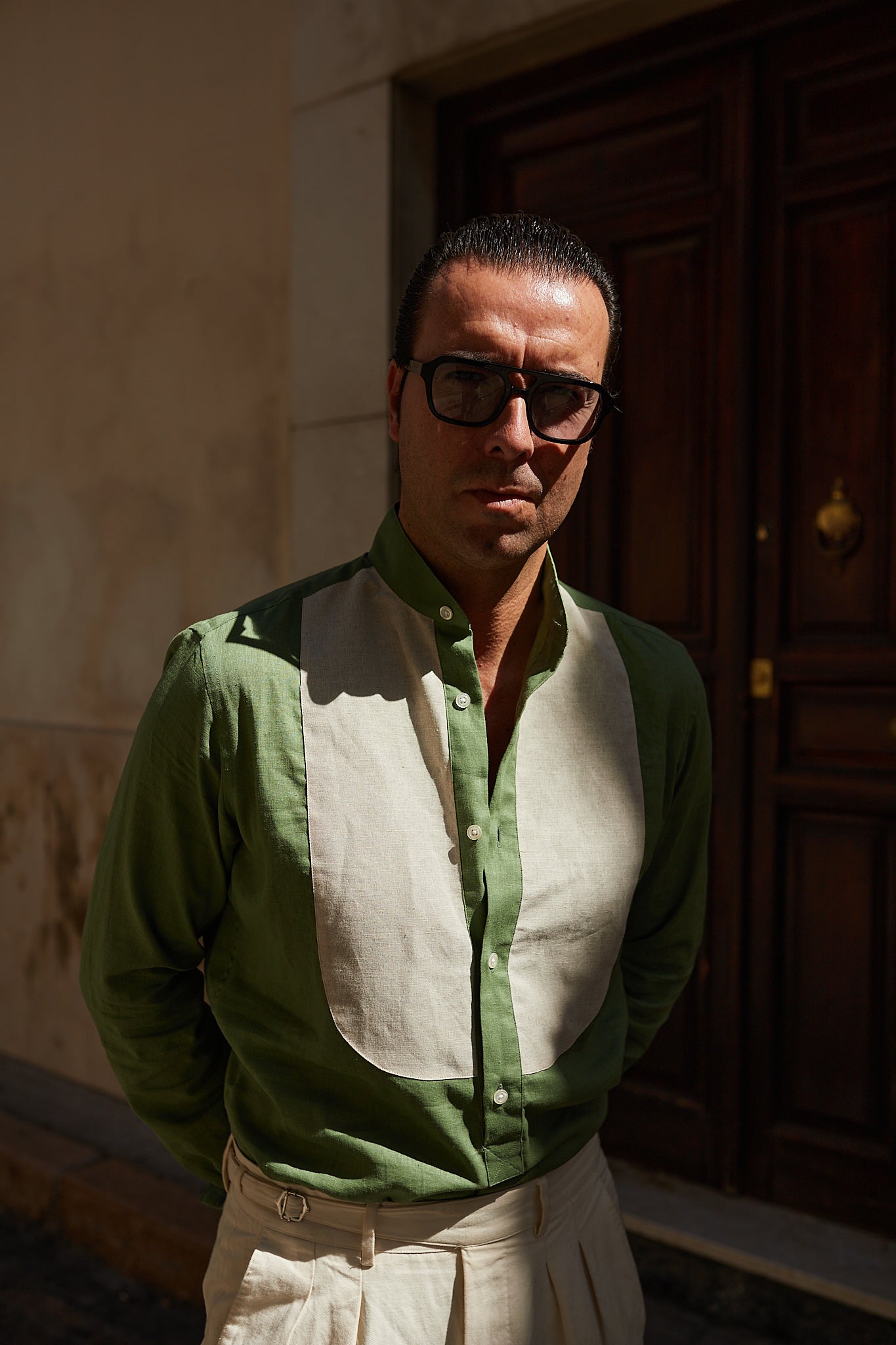 Camisa Mao lino bicolor lino verde y camel Made to Order