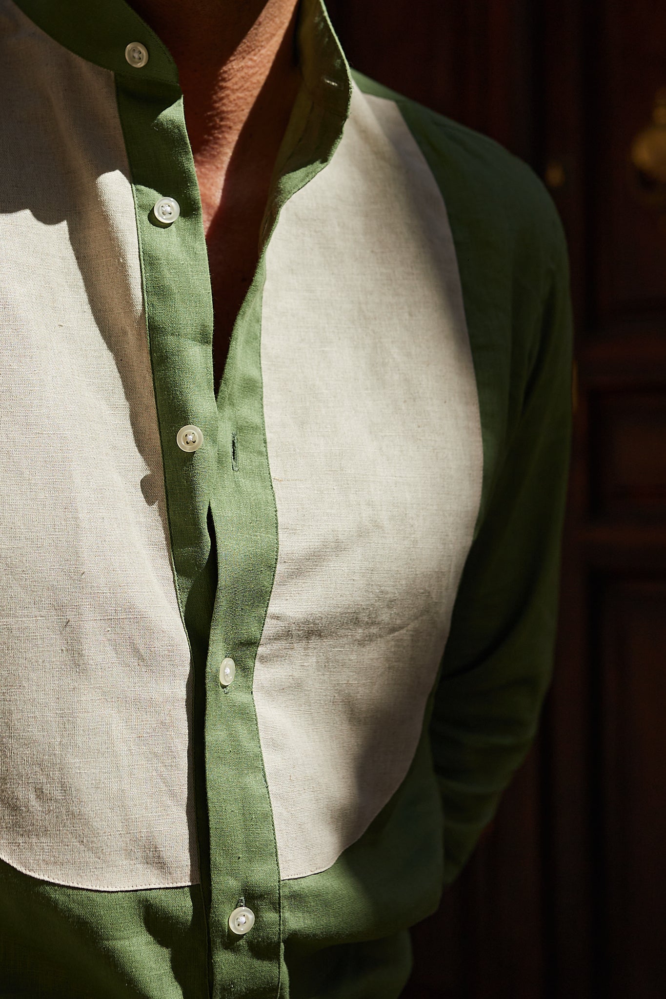 Camisa Mao lino bicolor lino verde y camel Made to Order