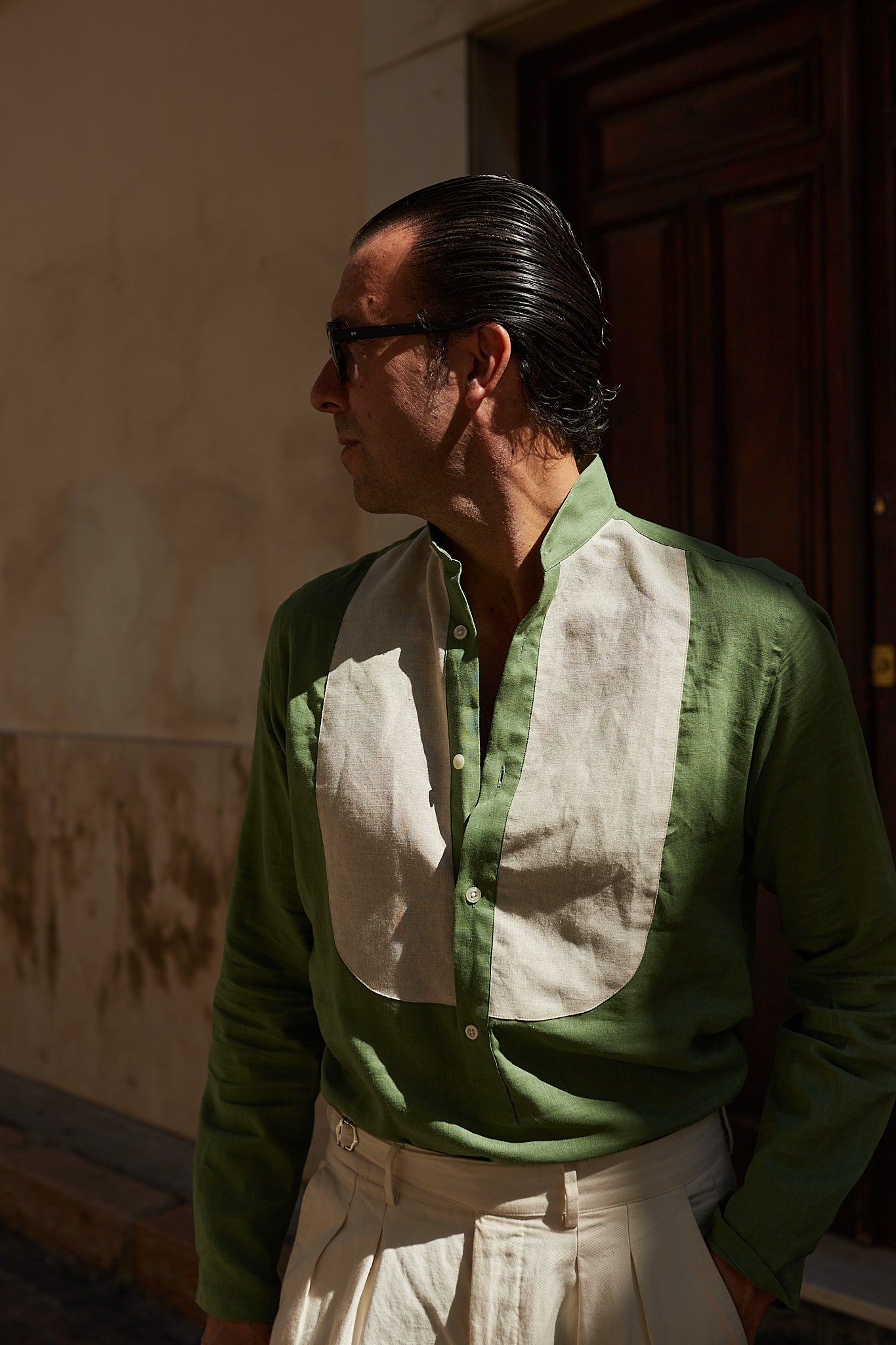 Camisa Mao lino bicolor lino verde y camel Made to Order