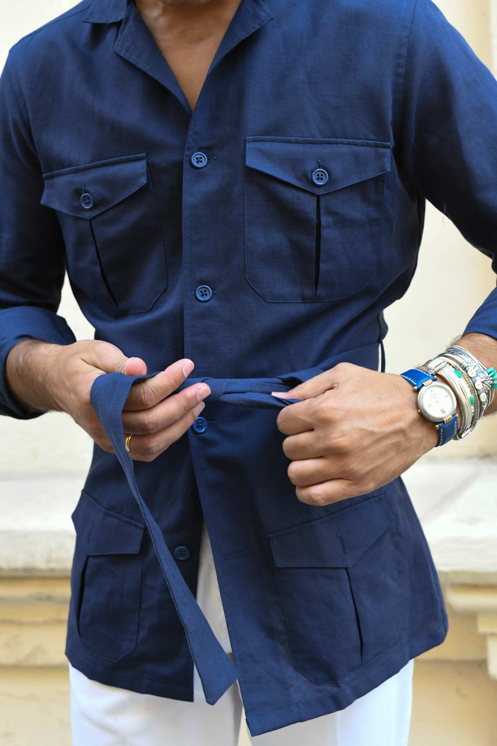 Camisa MTO Sahariana lino Azul marino Hippie Crew